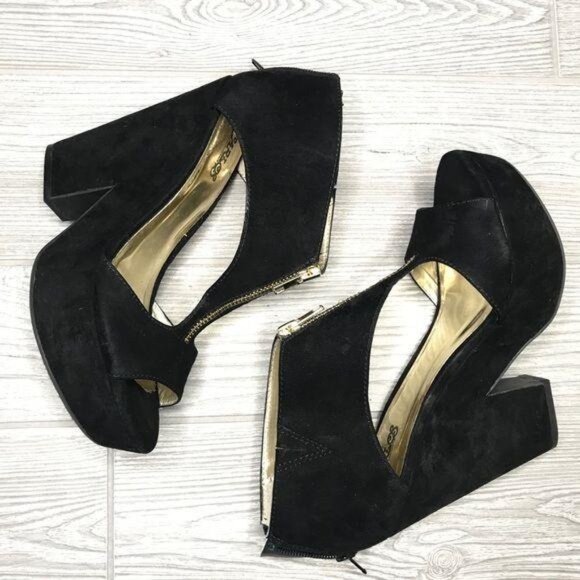 carlos black blain zipper heels wedge sandals shoes chunky 7 suede